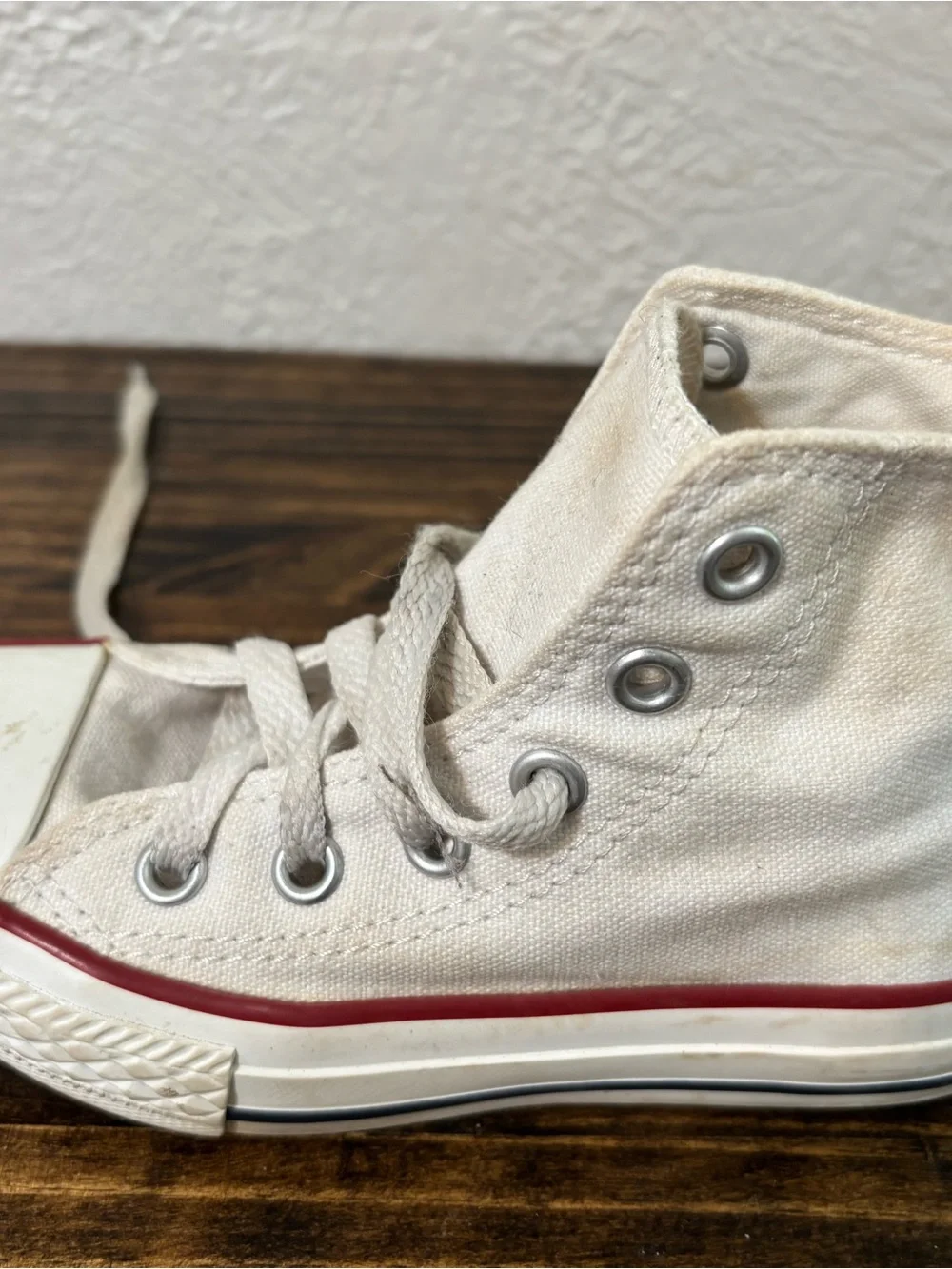 Converse Kids High-Top Canvas Sneakers in Off-White with Red Trim